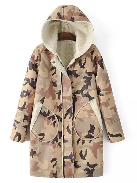 Shein Khaki Hooded Long Sleeve Camouflage Pockets Coat