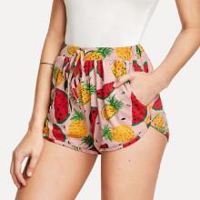 Shein Fruit Print Drawstring Waist Pocket Side Shorts