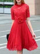 Shein Red Contrast Lace Pleated Bowtie Dress