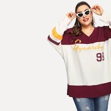 Shein Plus V-neck Cut-and-sew Letter Pullover