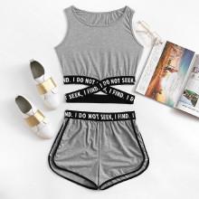 Shein Criss Cross Letter Trim Top With Shorts