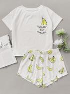 Shein Banana Print Pocket Front Top With Shorts Pajama Set