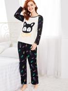 Shein Contrast Raglan Sleeve Cartoon Tee & Pants Pj Set