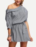 Shein Boat Neck Elbow Sleeve Vertical Striped Dress