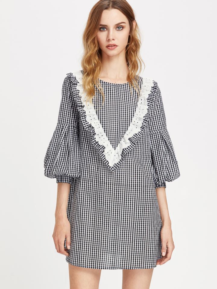 Shein Eyelet Embroidered Ruffle Yoke Bishop Sleeve Gingham Dress