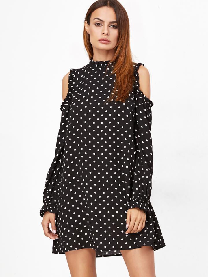Shein Black And White Polka Dot Print Frilled Open Shoulder Dress