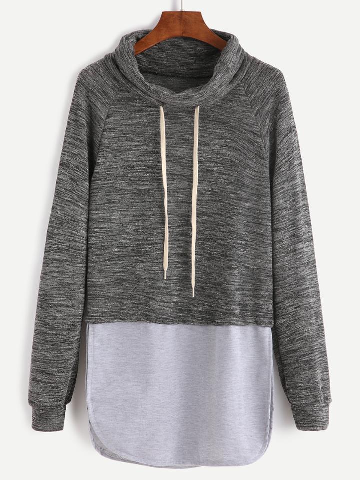 Shein Color Block Drawstring High Neck Slit Side Sweatshirt