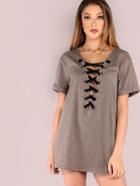 Shein Plunging Lace Up Cuffed Sleeve Tee Dark Taupe