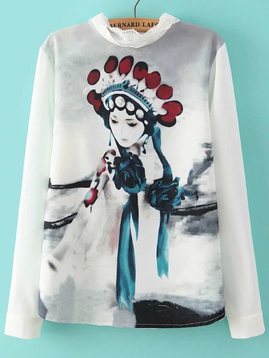 Shein Multicolor Peking Opera Print Lace Loose Blouse