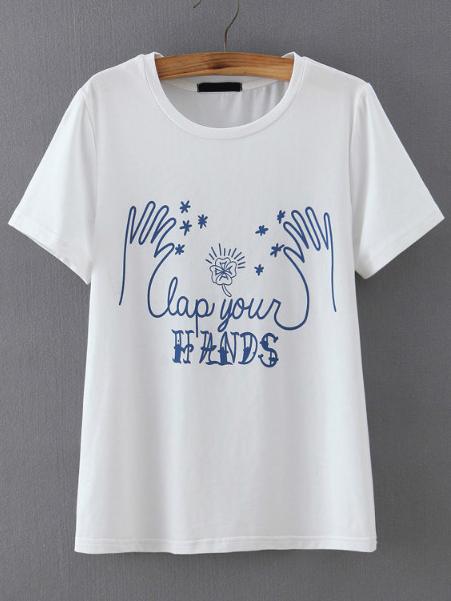 Shein White Short Sleeve Hand Print T-shirt