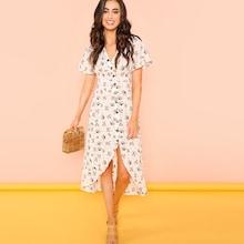 Shein Buttoned Asymmetric Placket Floral Dress