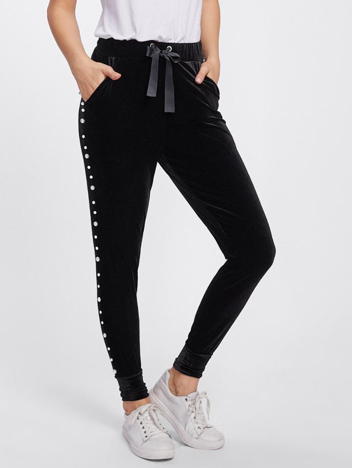 Shein Pearl Beaded Side Grommet Velvet Sweatpants