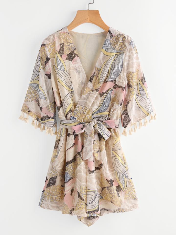 Shein Printed Random Fringe Cuff Surplice Romper With Belt