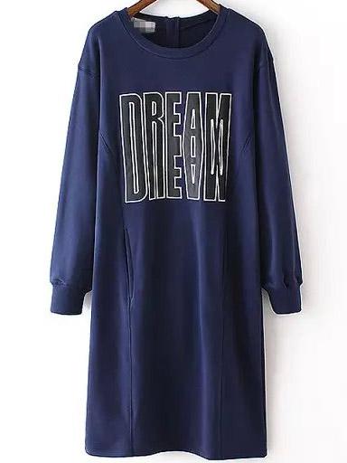 Shein Navy Round Neck Letters Print Split Dress