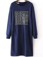 Shein Navy Round Neck Letters Print Split Dress