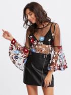 Shein Fluted Sleeve Botanical Embroidered Mesh Top