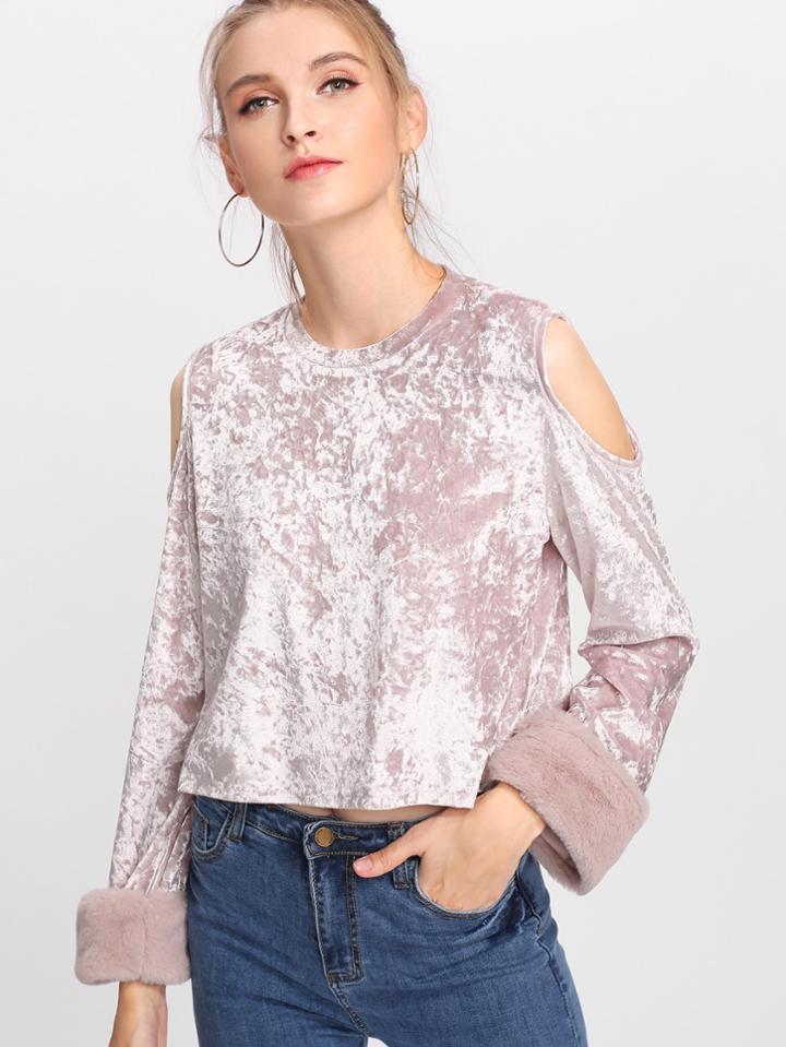 Shein Crushed Velvet Open Shoulder Contrast Faux Fur Cuff Tee