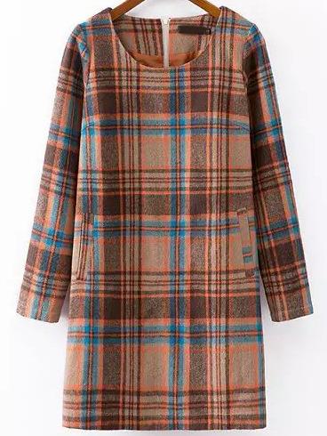 Shein Multicolor Round Neck Plaid Woolen Dress
