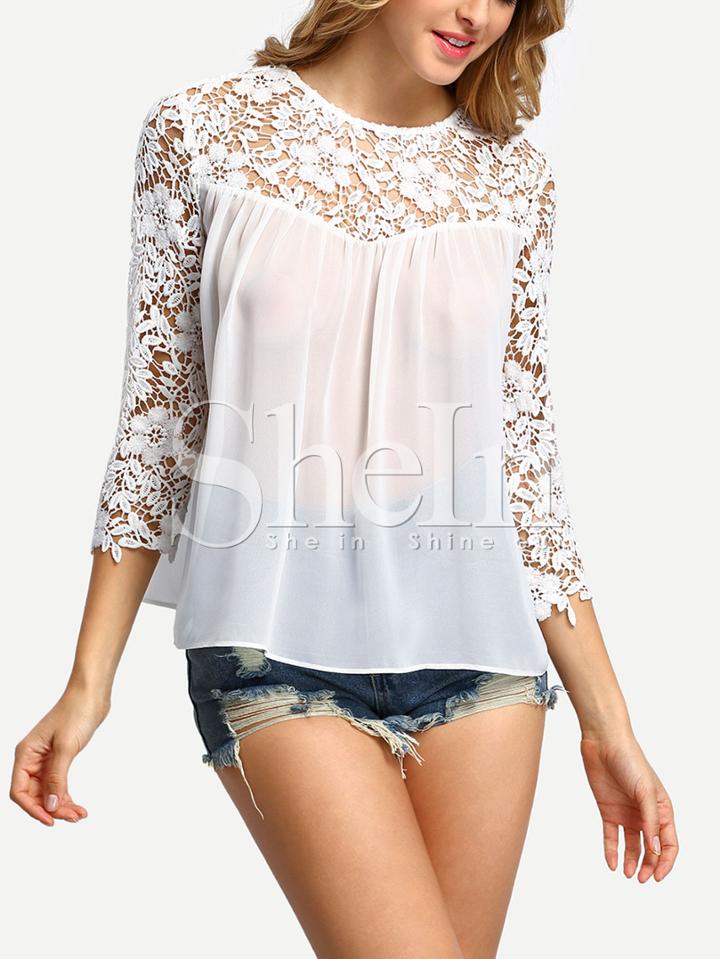 Shein White Crochet Panel Pleated Button Back Blouse