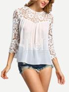 Shein White Crochet Panel Pleated Button Back Blouse