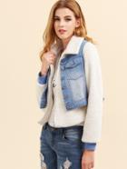 Shein White Fluffy Fleece Jacket With Bleached Denim Vest