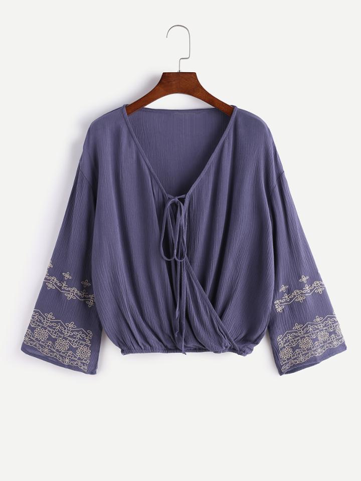 Shein V Neck Tie Front Embroidered Wrap Blouse