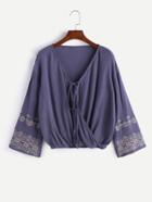 Shein V Neck Tie Front Embroidered Wrap Blouse