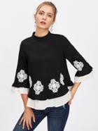 Shein Pearl Beading Lace Applique Frilled Top
