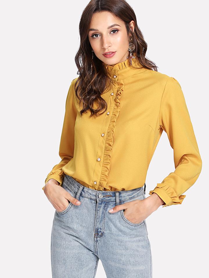 Shein Frill Trim Button Detail Shirt