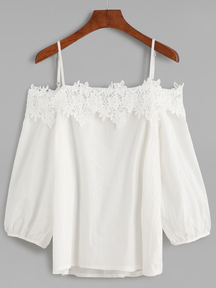 Shein White Cold Shoulder Appliques Lantern Sleeve Top