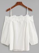 Shein White Cold Shoulder Appliques Lantern Sleeve Top