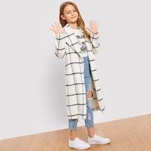 Shein Girls Single Button Grid Print Longline Coat