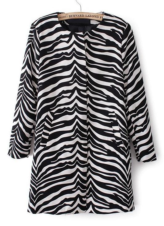 Shein Black And White Zebra Print Round Neck Coat