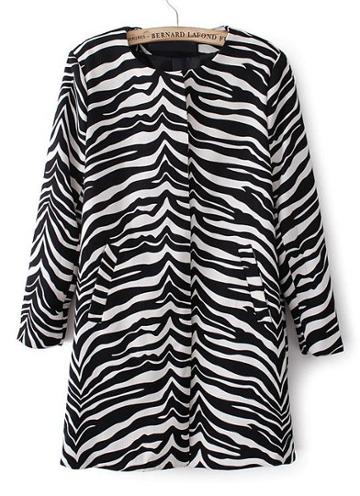 Shein Black And White Zebra Print Round Neck Coat