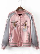 Shein Pink Crew Neck Embroidery Pocket Jacket