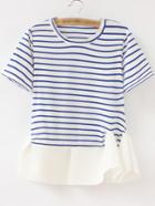 Shein Blue White Stripe Ruffle Hem Short Sleeve T-shirt