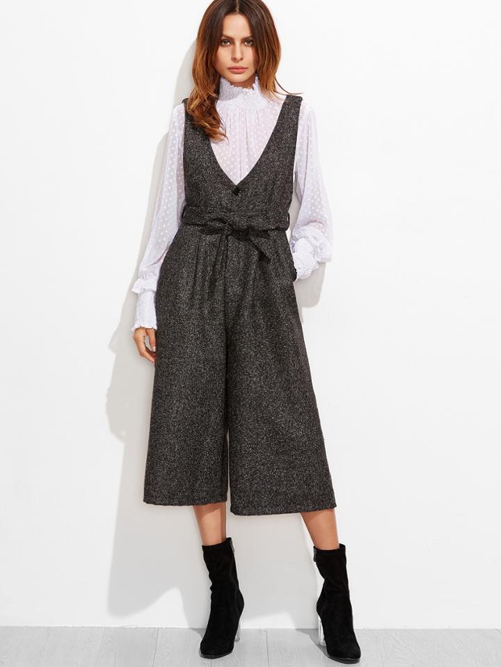 Shein Dark Grey Double V Neck Self Tie Wide Leg Jumpsuit
