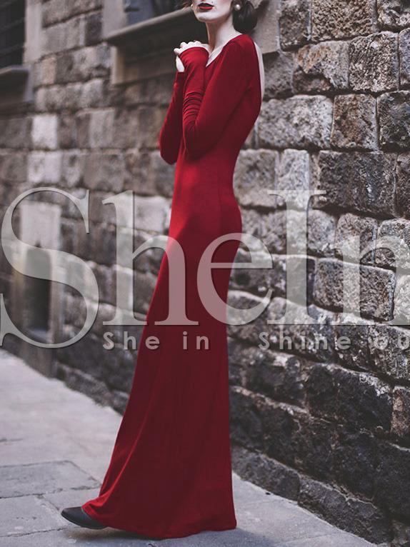 Shein Burgundy Backless Plain Maxi Dress