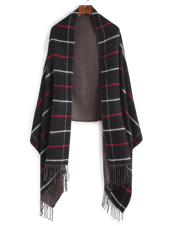 Shein Black Plaid Long Fringe Shawl Scarf