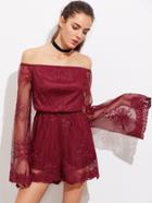 Shein Fluted Sleeve Embroidered Mesh Overlay Romper