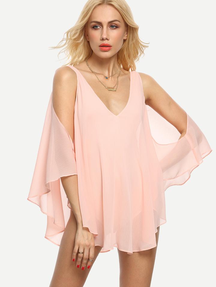 Shein Pink V Neck Cold Shoulder Backless Blouse