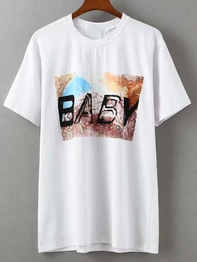 Shein White Crew Neck Baby Print T-shirt