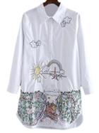 Shein White Long Sleeve Cartoon Embroidery Blouse