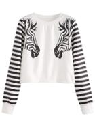 Shein White Striped Zebra Head Print Crop Sweatshirt
