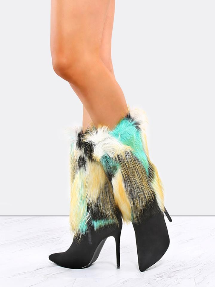 Shein Pointed Toe Tie Dye Fur Boots Black Multi