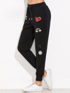 Shein Black Drawstring Sweatpants With Embroidered Patch Detail