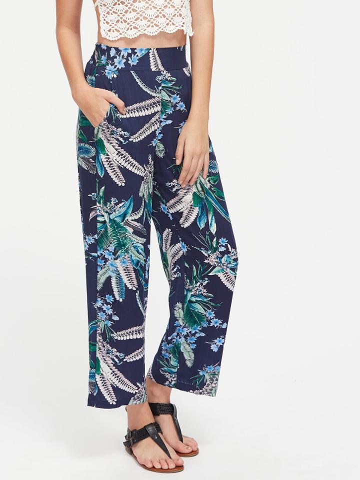 Shein Self Tie Waist Tropical Print Pants