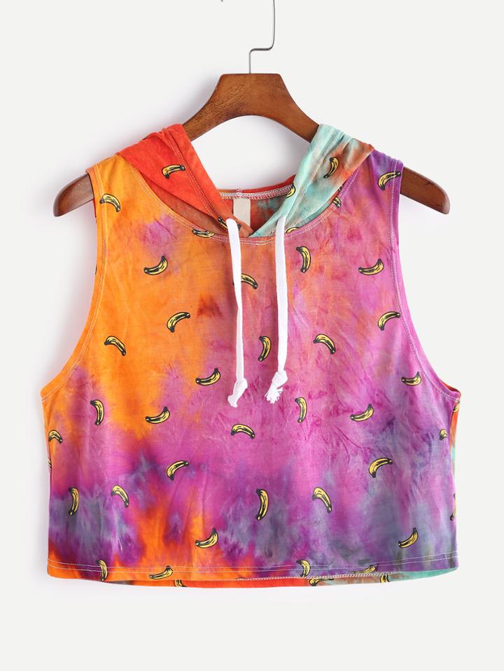 Shein Tie Dye Bananas Print Hooded Crop Tank Top