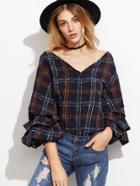 Shein Navy Plaid Print V Neck Billow Sleeve Top