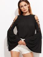 Shein Black Lace Up Open Shoulder Bell Sleeve Crinkle Top